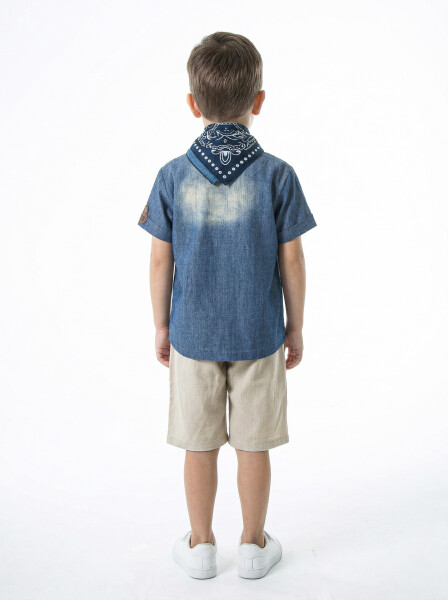 Erkek Çocuk Folarlı Yazlık 2'li Alt Üst Takım (Gömlek + Şort) 4-8 Yaş 6621 Mavi - Bej - 2