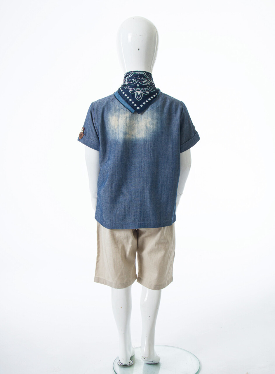 Erkek Çocuk Folarlı Yazlık 2'li Alt Üst Takım (Gömlek + Şort) 4-8 Yaş 6621 Mavi - Bej - 4