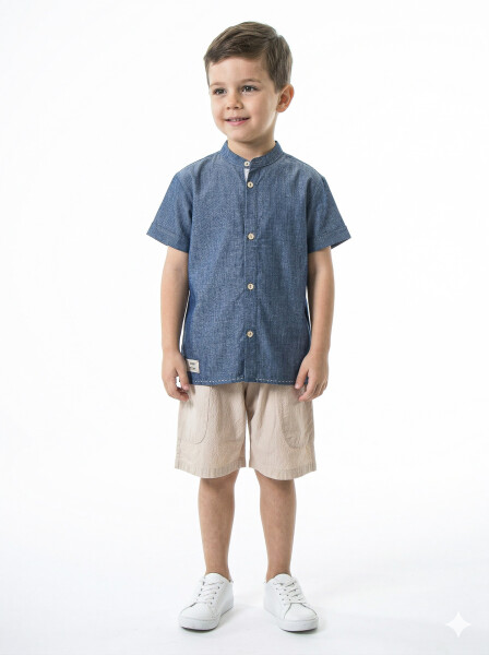 Erkek Çocuk Folarlı Yazlık 2'li Alt Üst Takım (Gömlek + Şort) 1-5 Yaş 6235 Mavi - 4