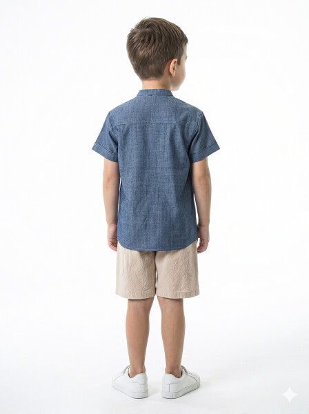 Erkek Çocuk Folarlı Yazlık 2'li Alt Üst Takım (Gömlek + Şort) 1-5 Yaş 6235 Mavi - 5