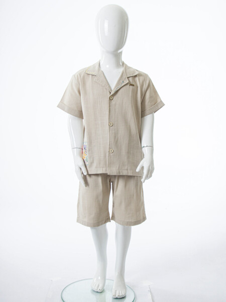 Erkek Çocuk Yazlık 2'li Alt Üst Takım (Gömlek + Şort) 1-5 Yaş 6234 Bej - 3