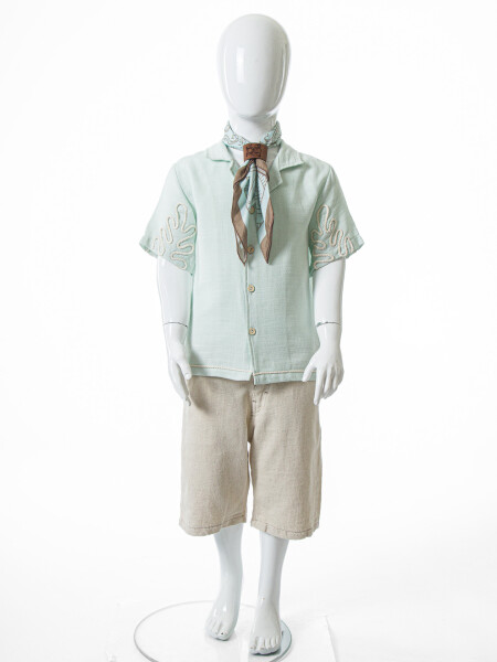 Erkek Çocuk Folarlı Yazlık 2'li Alt Üst Takım (Gömlek + Şort) 4-8 Yaş 6617 Açik Mavi - 4