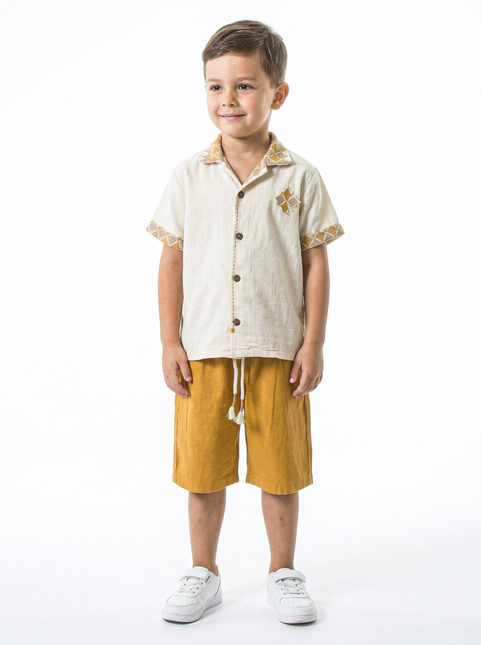 Erkek Çocuk Yazlık 2'li Alt Üst Takım (Gömlek + Şort) 4-8 Yaş 6620 Bej - 1