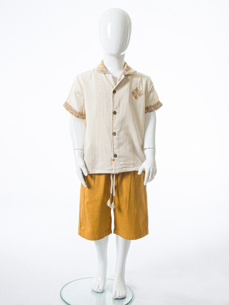 Erkek Çocuk Yazlık 2'li Alt Üst Takım (Gömlek + Şort) 4-8 Yaş 6620 Bej - 3