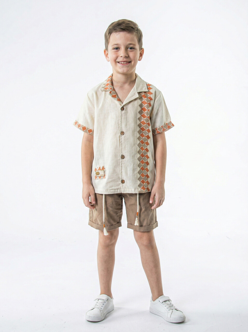 Erkek Çocuk 2'li Yazlık Alt Üst Takım (Tişort + Şort) 8-12 Yaş 6897 Bej - 1