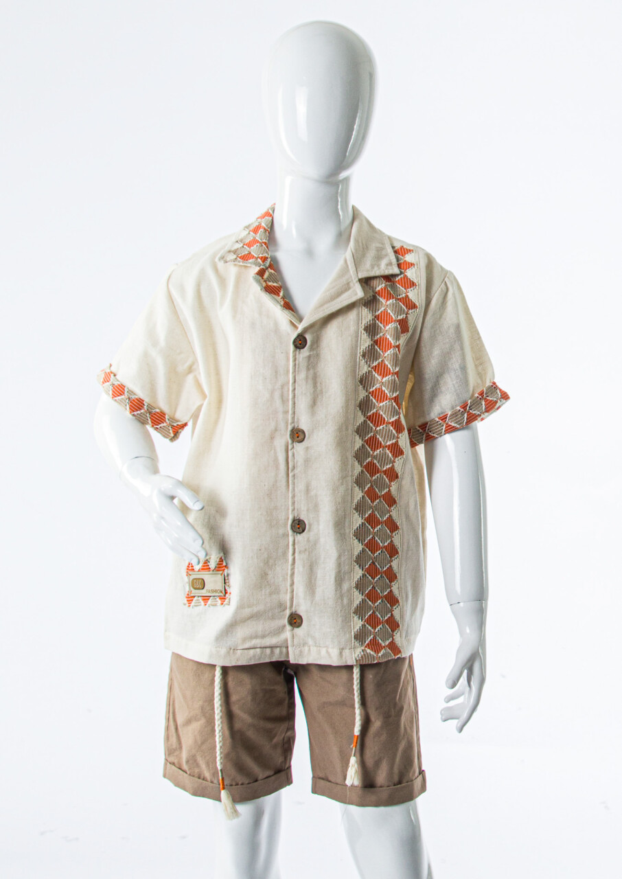 Erkek Çocuk 2'li Yazlık Alt Üst Takım (Tişort + Şort) 8-12 Yaş 6897 Bej - 3