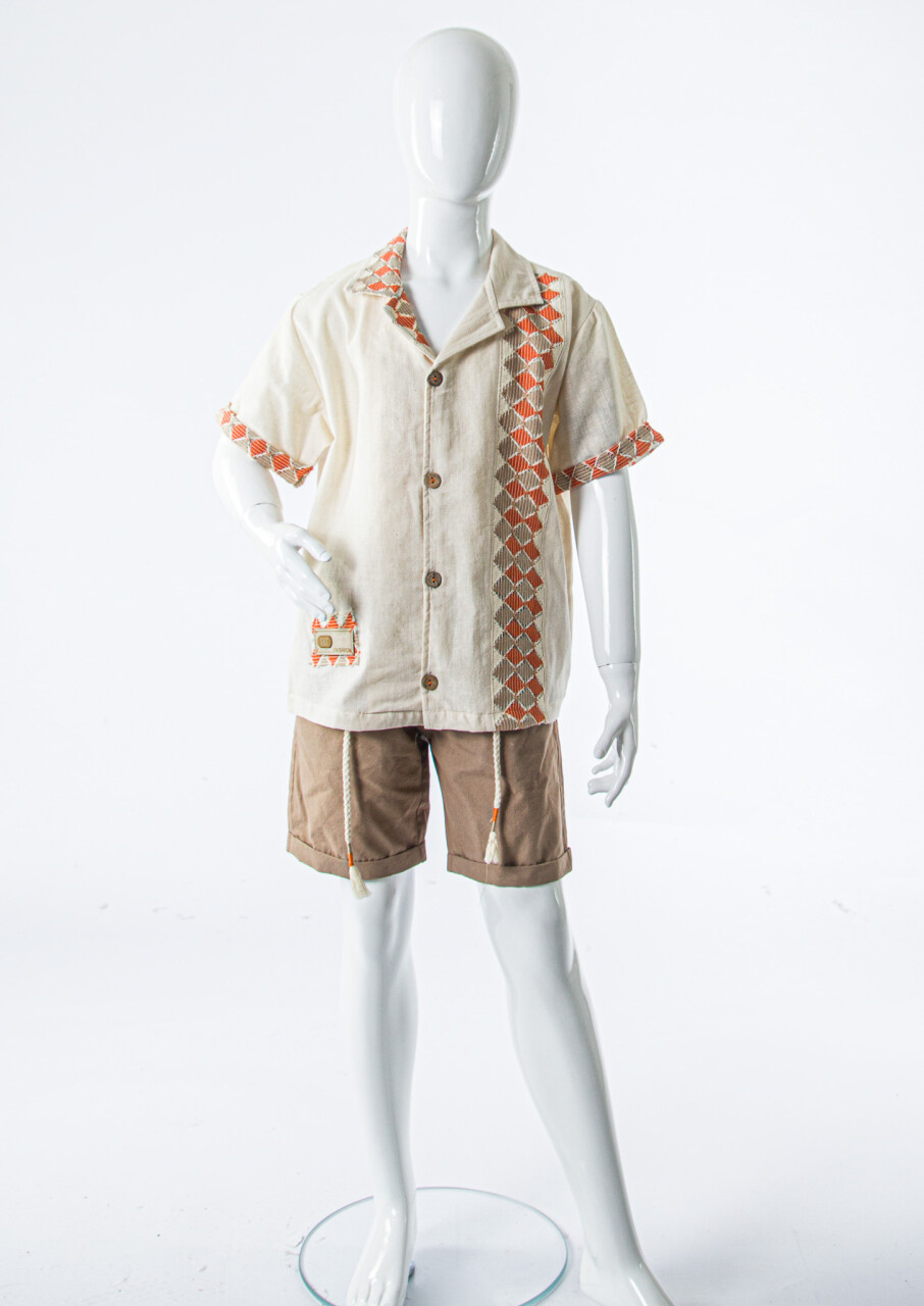 Erkek Çocuk 2'li Yazlık Alt Üst Takım (Tişort + Şort) 8-12 Yaş 6897 Bej - 4