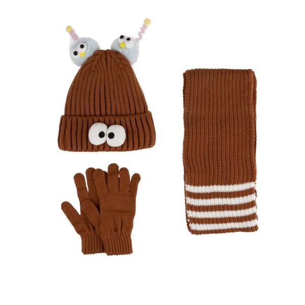 Kitti Çocuk Kız Atkı Bere Eldiven Takım (4-8 Yaş) K24170-09 Kahverengi - Kitti