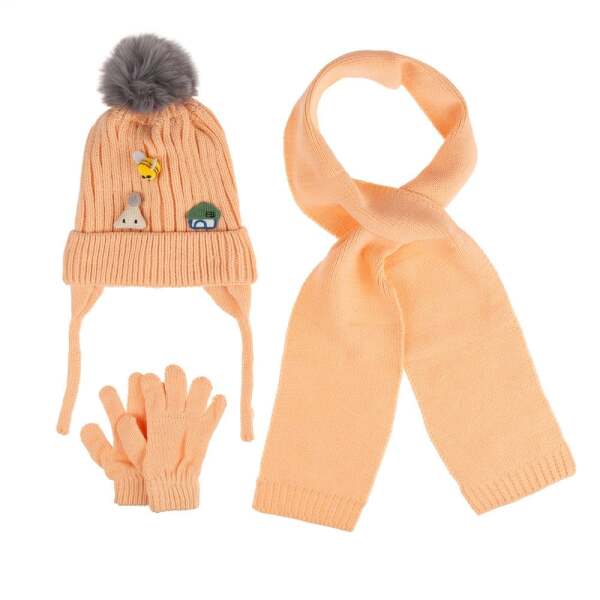 Kitti Bebe Kız Atkı Bere Eldiven Takım (1-4 Yaş) K24160-03 Şeftali - Kitti