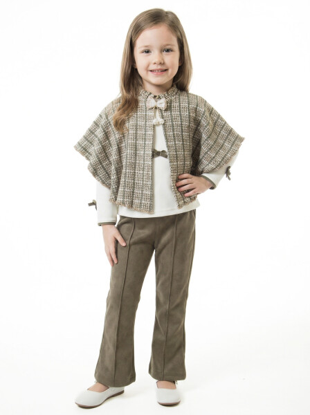 Pelerin Detaylı Kız Çocuk 3'lü Alt Üst Takım 4-10 Yaş 4406 Haki - Lanova Kids