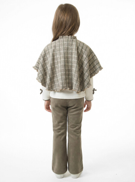 Pelerin Detaylı Kız Çocuk 3'lü Alt Üst Takım 4-10 Yaş 4406 Haki - 2