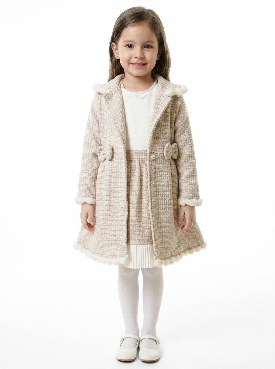 Kız Çocuk Kurdele Detaylı Parlak Kumaşlı 2'li Elbise ve Kaban Takmı 1-6 Yaş 4417 Bej - 1