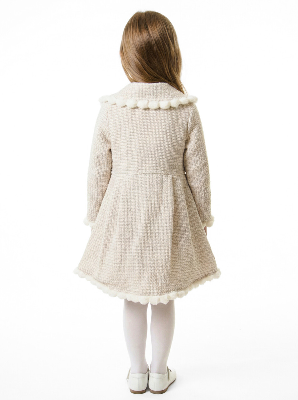 Kız Çocuk Kurdele Detaylı Parlak Kumaşlı 2'li Elbise ve Kaban Takmı 1-6 Yaş 4417 Bej - 2