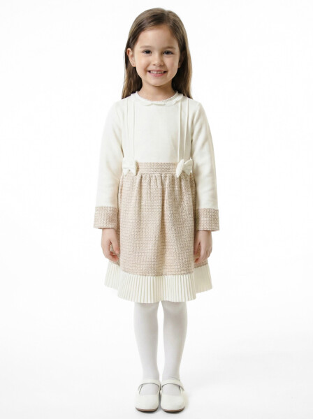 Kız Çocuk Kurdele Detaylı Parlak Kumaşlı 2'li Elbise ve Kaban Takmı 1-6 Yaş 4417 Bej - 3