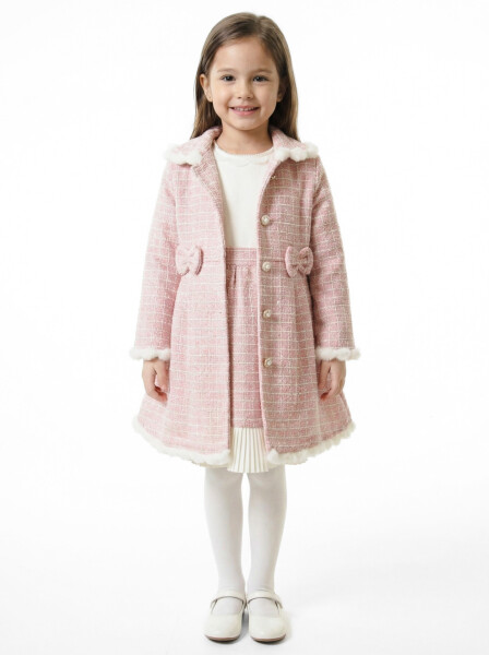 Kız Çocuk Kurdele Detaylı Parlak Kumaşlı 2'li Elbise ve Kaban Takmı 1-6 Yaş 4417 Pudra 