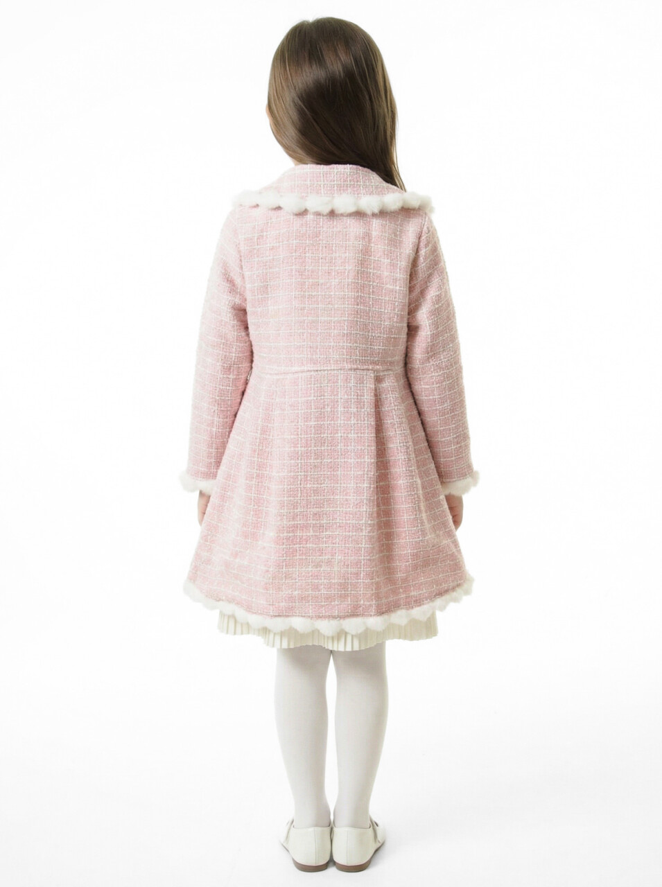 Kız Çocuk Kurdele Detaylı Parlak Kumaşlı 2'li Elbise ve Kaban Takmı 1-6 Yaş 4417 Pudra - 2