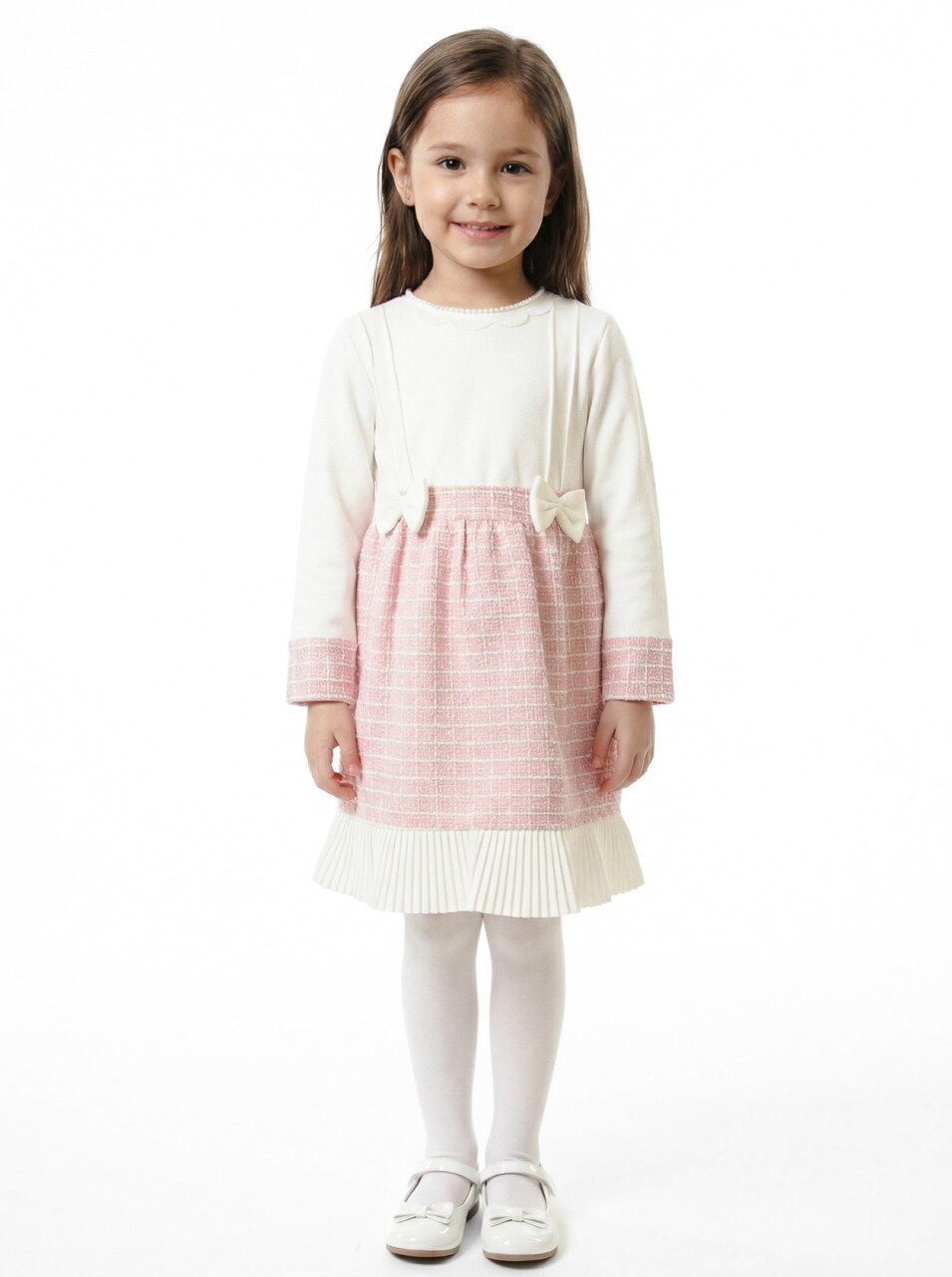 Kız Çocuk Kurdele Detaylı Parlak Kumaşlı 2'li Elbise ve Kaban Takmı 1-6 Yaş 4417 Pudra - 3