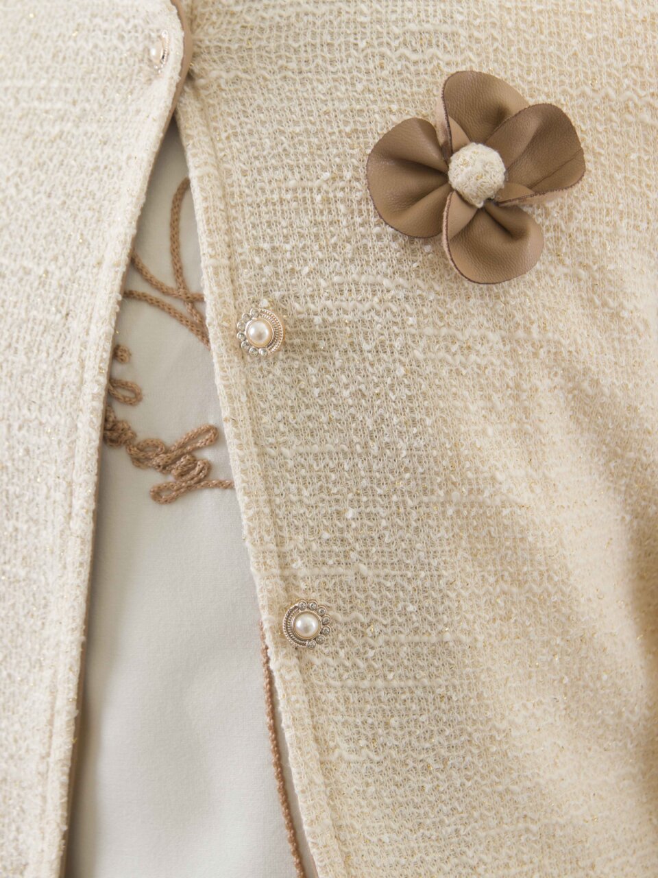 Çiçek Detaylı Tüvit Ceketli Deri Etekli Kız Çocuk 3'lü Takım 4-10 Yaş 4413 Beyaz - Kahverengi - 5