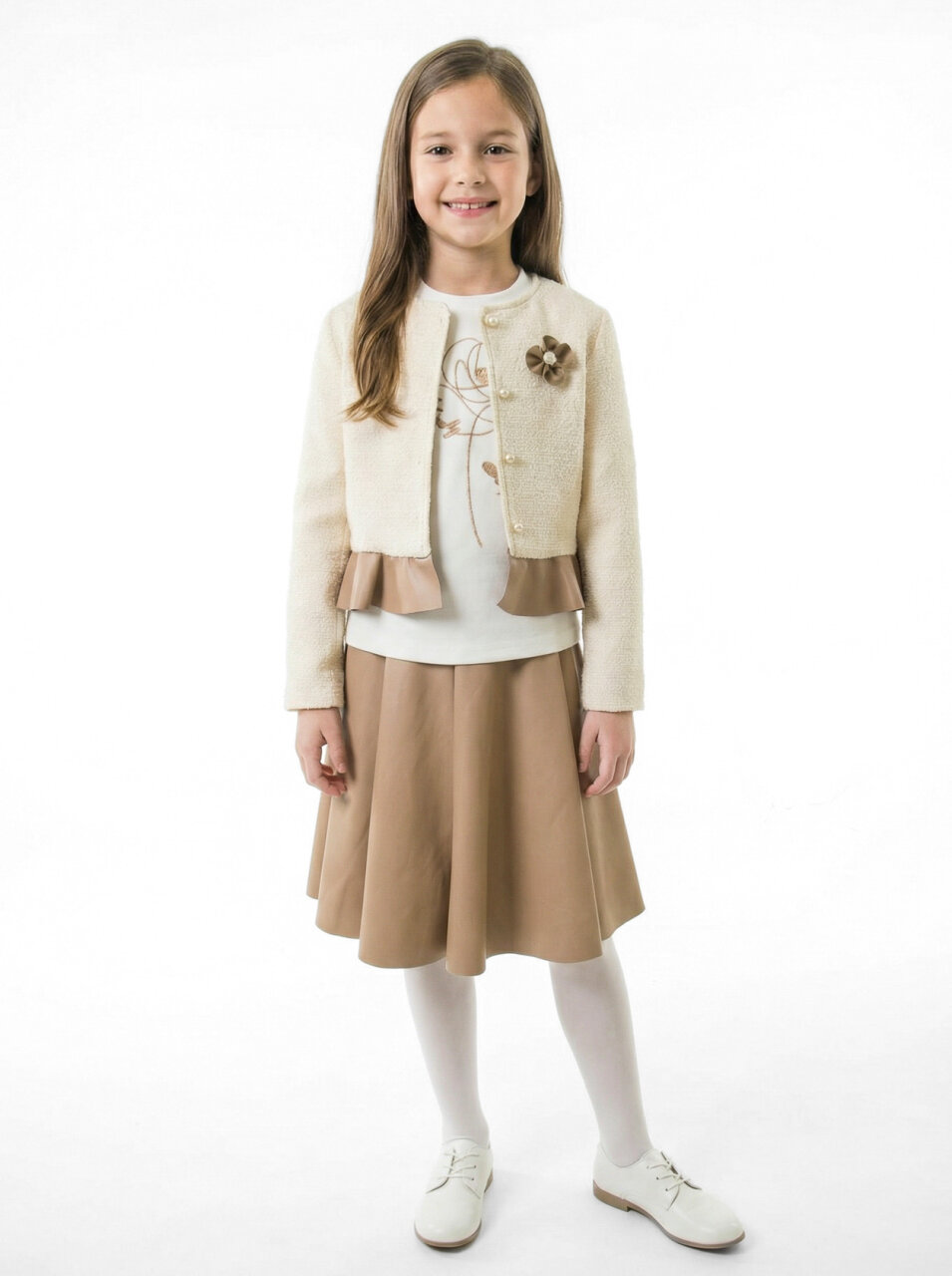 Çiçek Detaylı Tüvit Ceketli Deri Etekli Kız Çocuk 3'lü Takım 4-10 Yaş 4413 Beyaz - Kahverengi - 1