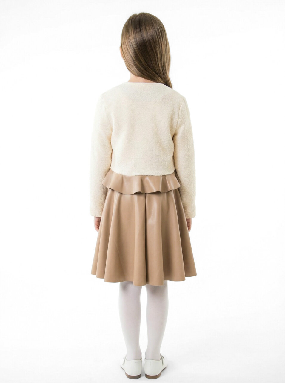 Çiçek Detaylı Tüvit Ceketli Deri Etekli Kız Çocuk 3'lü Takım 4-10 Yaş 4413 Beyaz - Kahverengi - 2