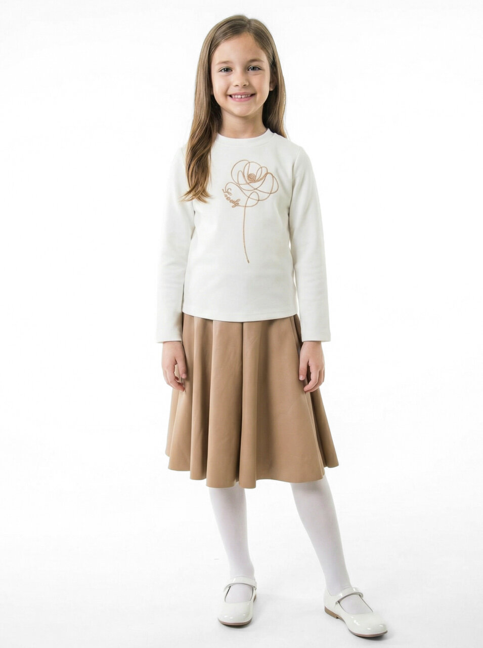 Çiçek Detaylı Tüvit Ceketli Deri Etekli Kız Çocuk 3'lü Takım 4-10 Yaş 4413 Beyaz - Kahverengi - 3