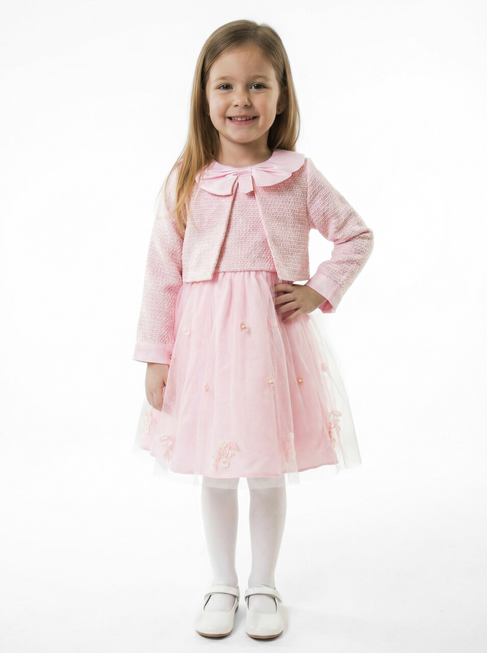 Bebe Yakalı Çiçek İşlemeli Tüllü Fiyonklu Kız Çocuk Elbise 3-8 Yaş 4423 Açik Pembe - 3