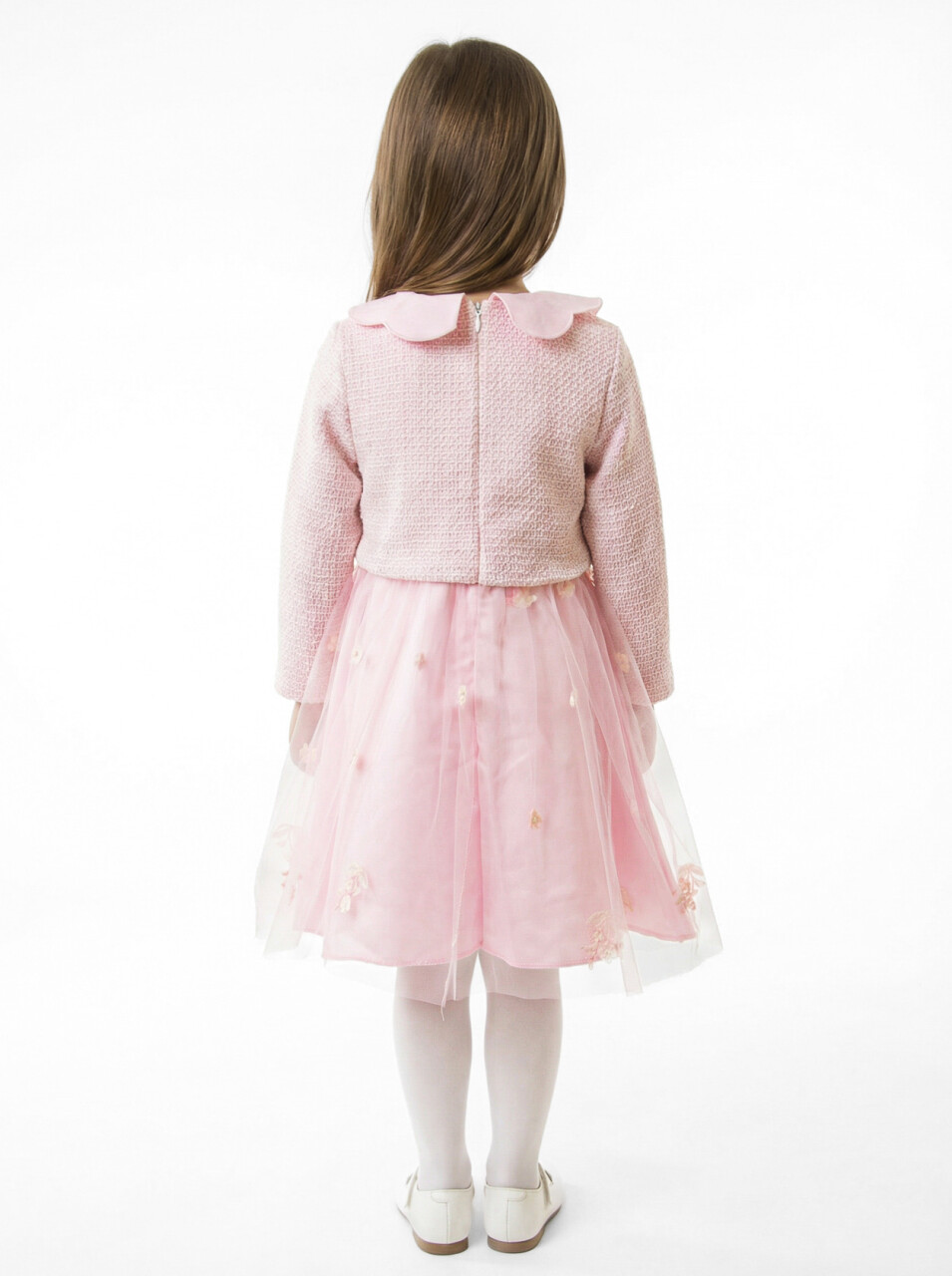 Bebe Yakalı Çiçek İşlemeli Tüllü Fiyonklu Kız Çocuk Elbise 3-8 Yaş 4423 Açik Pembe - 2