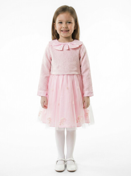 Bebe Yakalı Çiçek İşlemeli Tüllü Fiyonklu Kız Çocuk Elbise 3-8 Yaş 4423 Açik Pembe - Lanova Kids