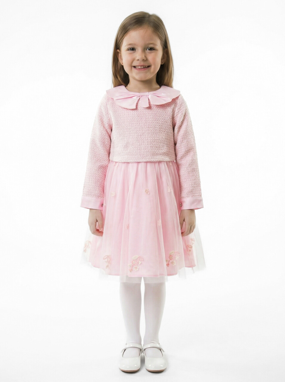 Bebe Yakalı Çiçek İşlemeli Tüllü Fiyonklu Kız Çocuk Elbise 3-8 Yaş 4423 Açik Pembe - 1
