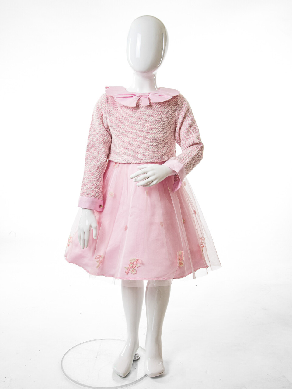 Bebe Yakalı Çiçek İşlemeli Tüllü Fiyonklu Kız Çocuk Elbise 3-8 Yaş 4423 Açik Pembe - 4