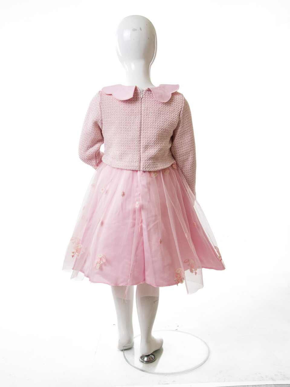 Bebe Yakalı Çiçek İşlemeli Tüllü Fiyonklu Kız Çocuk Elbise 3-8 Yaş 4423 Açik Pembe - 5