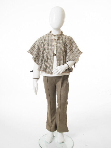 Pelerin Detaylı Kız Çocuk 3'lü Alt Üst Takım 4-10 Yaş 4406 Haki - 7