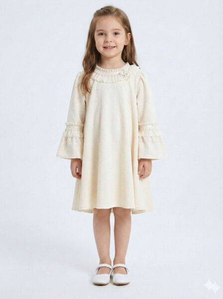 İspanyol Kollu Fırfırlı Yakalı Kız Çocuk Krem Elbise 4-10 Yaş 4405 Ekru - Lanova Kids
