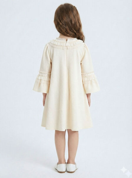 İspanyol Kollu Fırfırlı Yakalı Kız Çocuk Krem Elbise 4-10 Yaş 4405 Ekru - 2