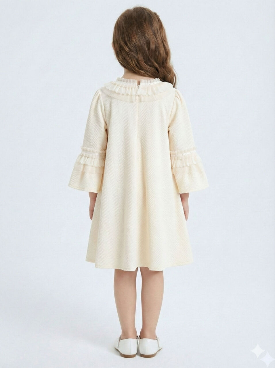 İspanyol Kollu Fırfırlı Yakalı Kız Çocuk Krem Elbise 4-10 Yaş 4405 Ekru - 2