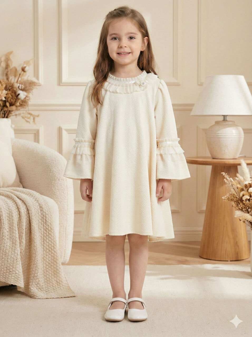İspanyol Kollu Fırfırlı Yakalı Kız Çocuk Krem Elbise 4-10 Yaş 4405 Ekru - 3