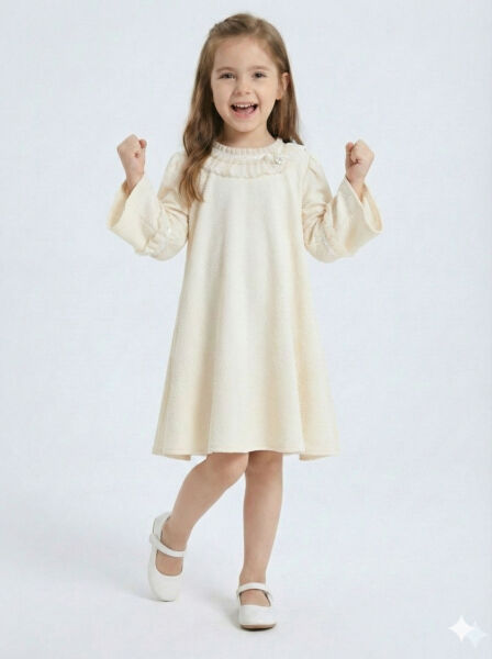 İspanyol Kollu Fırfırlı Yakalı Kız Çocuk Krem Elbise 4-10 Yaş 4405 Ekru - 4