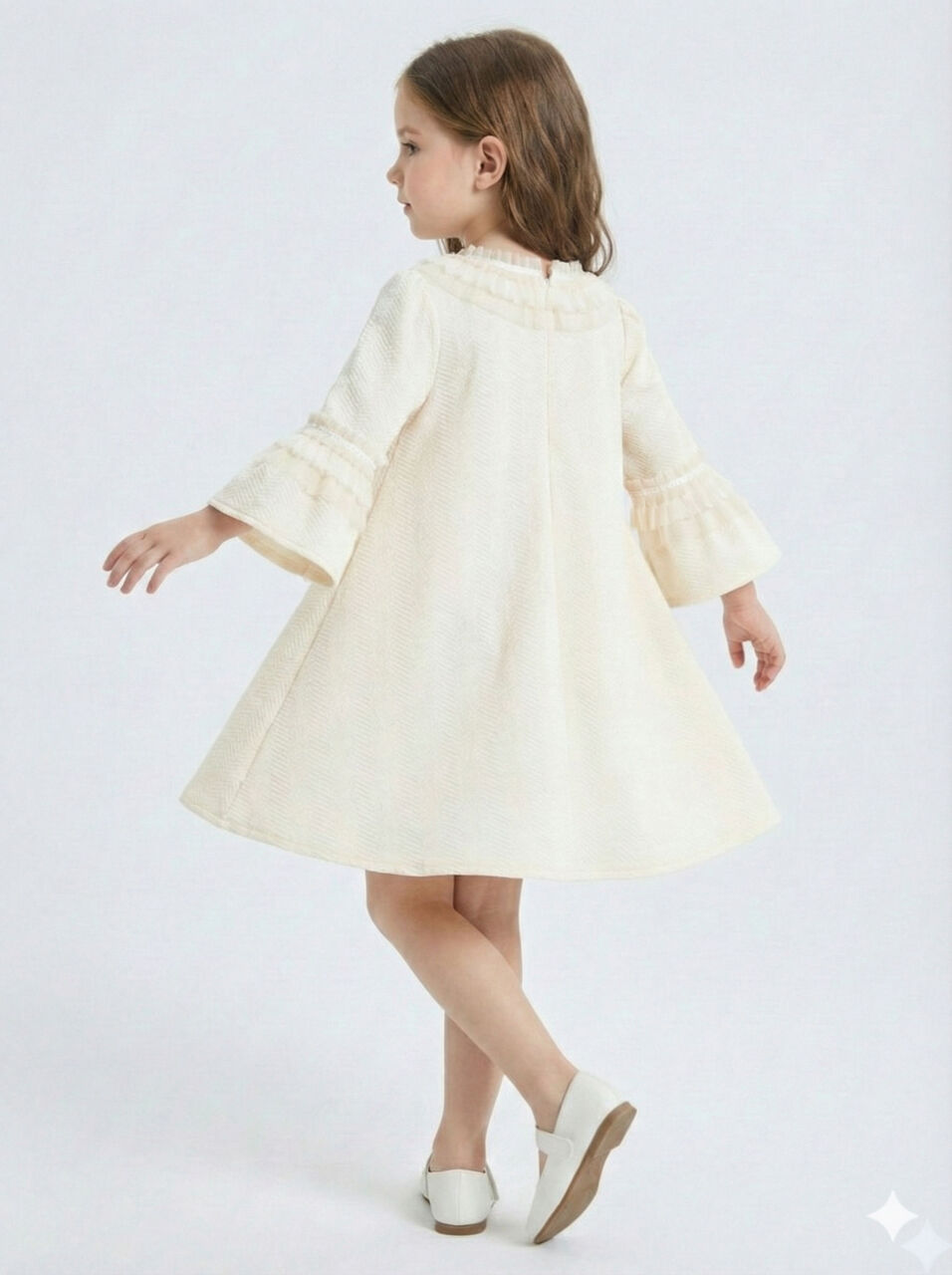İspanyol Kollu Fırfırlı Yakalı Kız Çocuk Krem Elbise 4-10 Yaş 4405 Ekru - 5