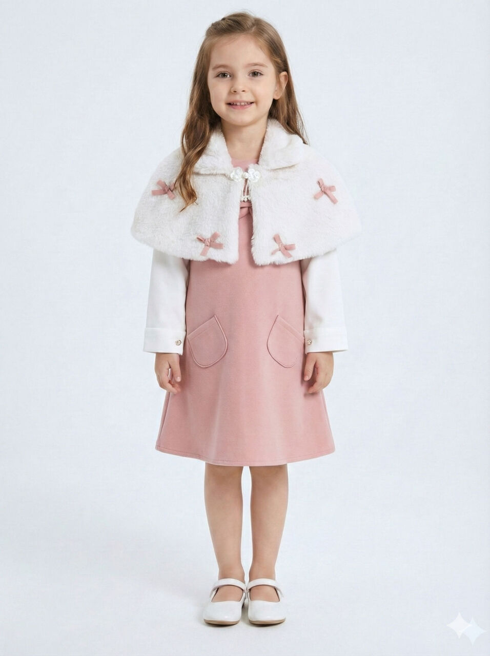 Pelerin Detaylı Çift Cepli Kız Çocuk Elbise 2-6 Yaş 4411 Pudra - 1