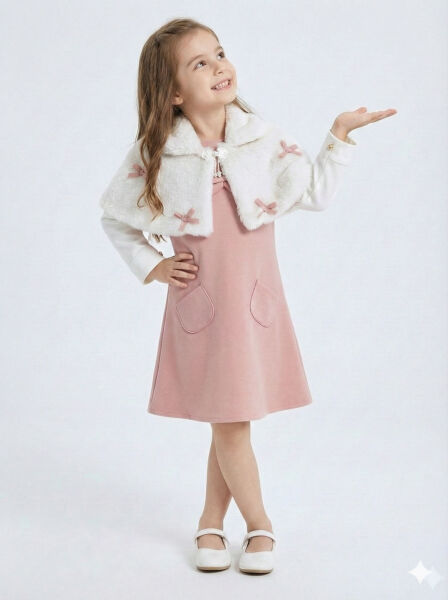 Pelerin Detaylı Çift Cepli Kız Çocuk Elbise 2-6 Yaş 4411 Pudra - 2