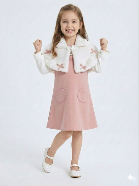 Pelerin Detaylı Çift Cepli Kız Çocuk Elbise 2-6 Yaş 4411 Pudra - 4