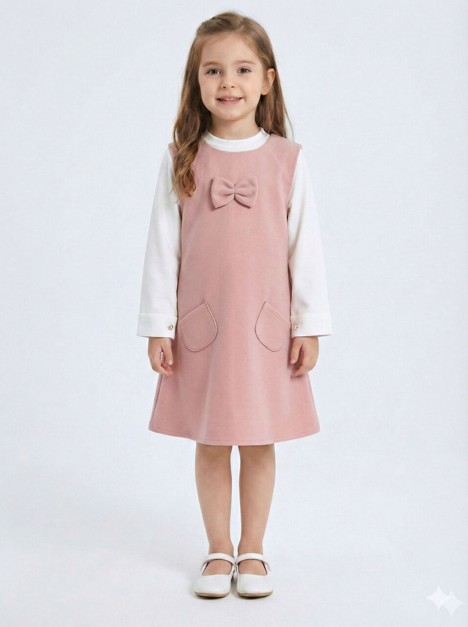 Pelerin Detaylı Çift Cepli Kız Çocuk Elbise 2-6 Yaş 4411 Pudra - 6