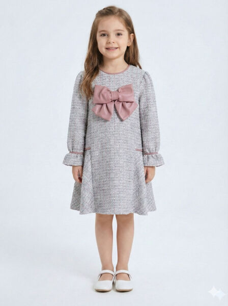 Deri Fiyonklu Büzgü Kollu Tüvit Kız Çocuk Elbise 3-7 Yaş 4415 Mor - Lanova Kids