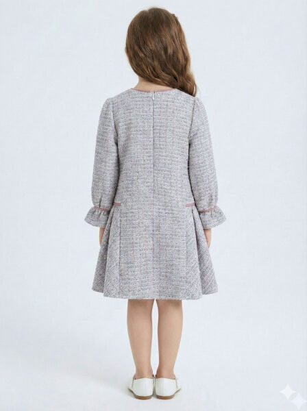 Deri Fiyonklu Büzgü Kollu Tüvit Kız Çocuk Elbise 3-7 Yaş 4415 Mor - 2