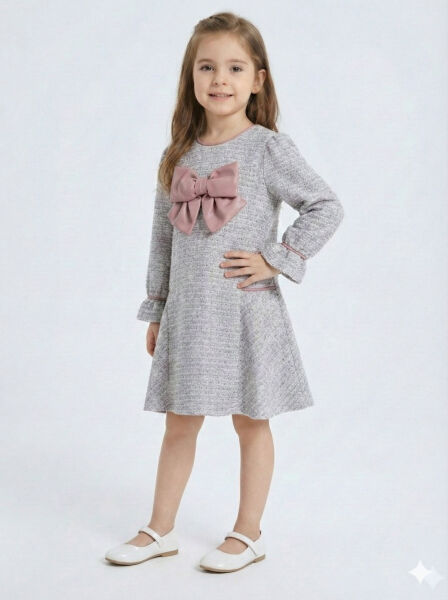 Deri Fiyonklu Büzgü Kollu Tüvit Kız Çocuk Elbise 3-7 Yaş 4415 Mor - 3