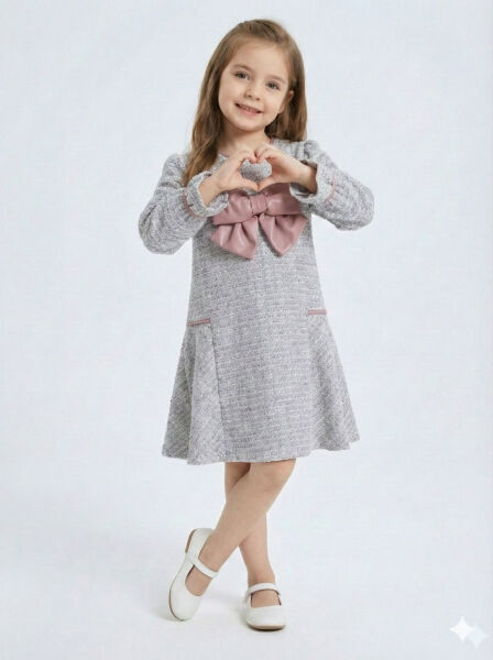 Deri Fiyonklu Büzgü Kollu Tüvit Kız Çocuk Elbise 3-7 Yaş 4415 Mor - 4