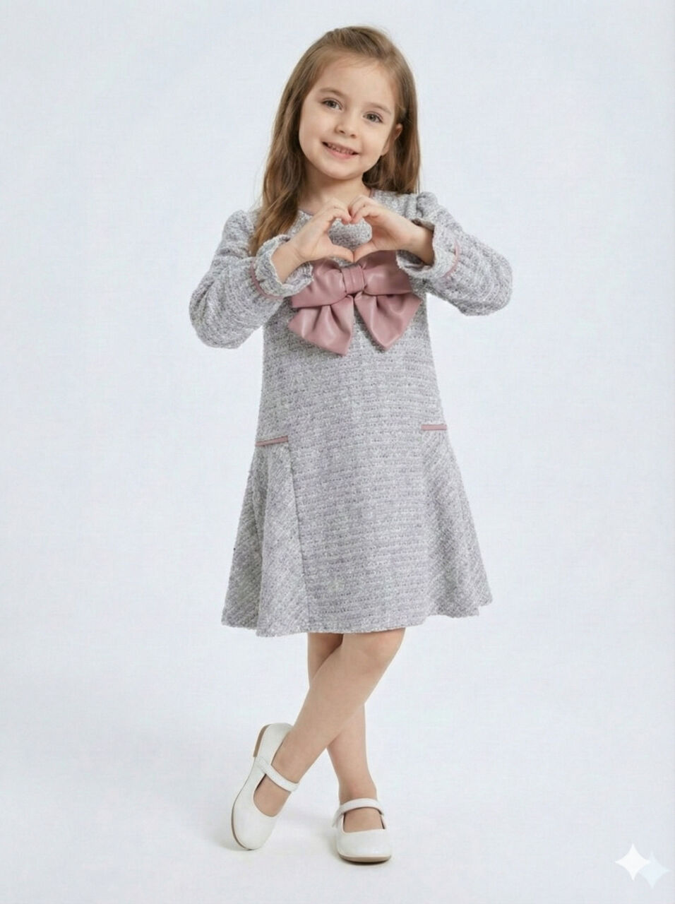 Deri Fiyonklu Büzgü Kollu Tüvit Kız Çocuk Elbise 3-7 Yaş 4415 Mor - 4