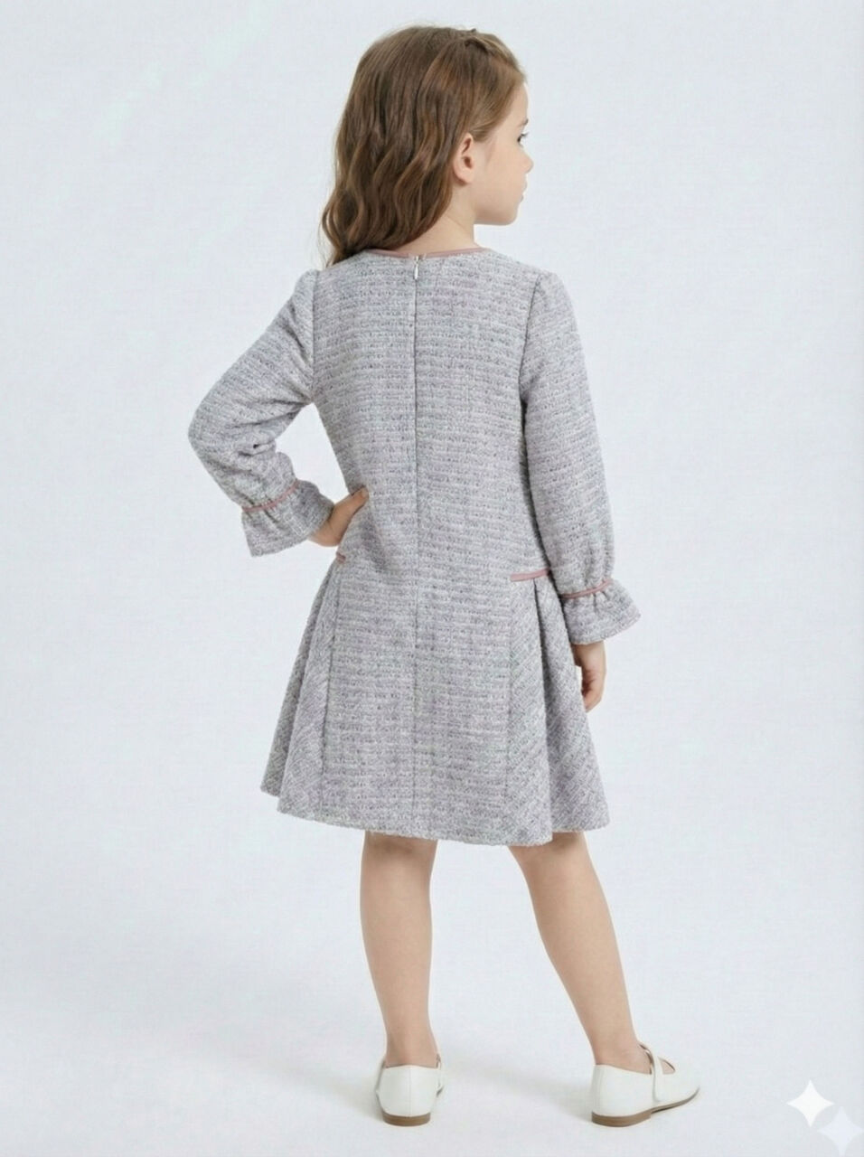 Deri Fiyonklu Büzgü Kollu Tüvit Kız Çocuk Elbise 3-7 Yaş 4415 Mor - 5