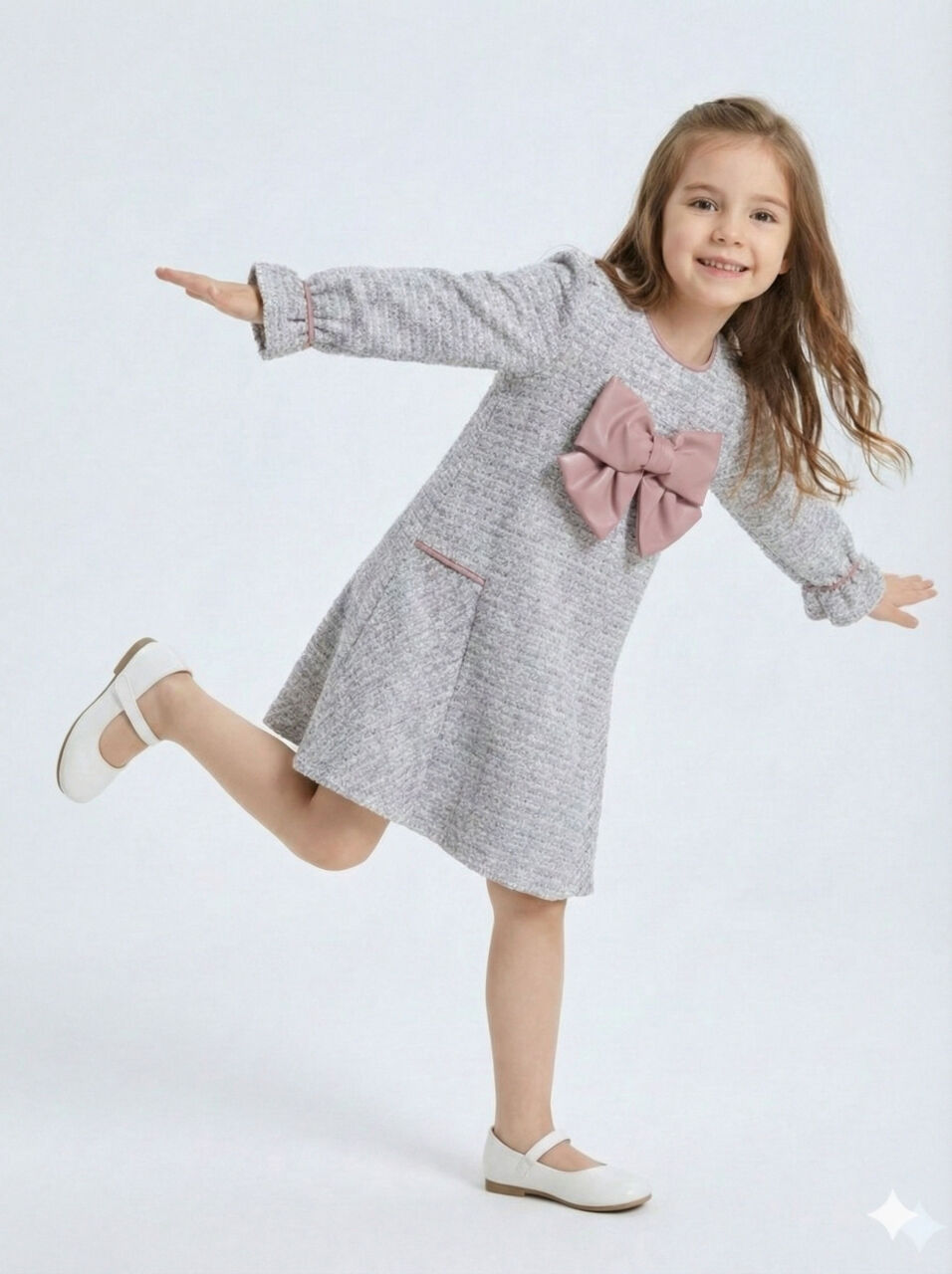 Deri Fiyonklu Büzgü Kollu Tüvit Kız Çocuk Elbise 3-7 Yaş 4415 Mor - 6