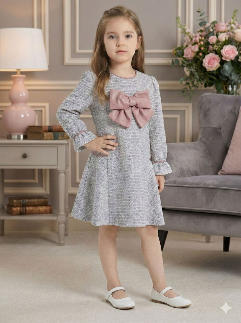 Deri Fiyonklu Büzgü Kollu Tüvit Kız Çocuk Elbise 3-7 Yaş 4415 Mor - 7